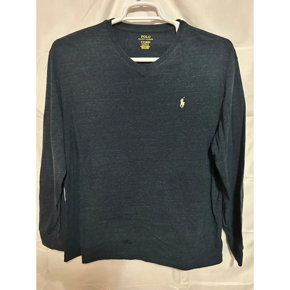 Polo Ralph Lauren Mens Classic Fit V-Neck Long Sleeve‎ T-Shirt Navy Blue Large